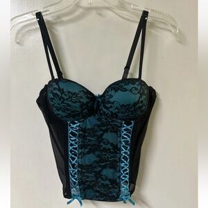 Seven Til Midnight Blk/Turquoise Corset Bustier Small Sheer Lace Up Whimsygoth